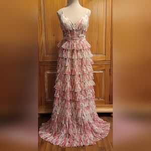 B. Darlin Pink Floral Tiered Ruffle Tulle Gown Size 13/14